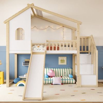 Hems 90x200 cm med faldsikring, opbevaringsstige, vindue, rutsjebane, husdesign, natur + hvid