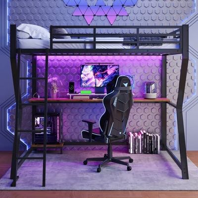 90x200cm hems seng med LED og stikkontakt - skrivebord + trapper - sort