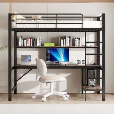 Hems 90x200 cm - med faldsikring - med stige - med USB og stikkontakt - med LED-lampe - med skrivebord + hylder i flere etager - sort (uden madras)