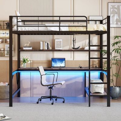 Parvisänky 140x200 cm - esteillä - tikkailla - USB:llä ja pistorasialla - LED-lampulla - työpöydällä + monitasoiset hyllyt - musta (ilman patjaa)