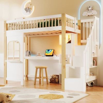 Hochbett 90x200 cm med LED, vinduesform, trinboks, åbent opbevaringsrum, skrivebord, stikkontakt, hvid/natur, uden madras