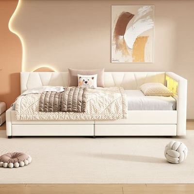 Daybett, 90\*200cm, Schlafsofa, Ablagefach, USB+Type C, LED-Umgebungslicht, 2 Schubladen, Lättenröst, Leinen, Beige