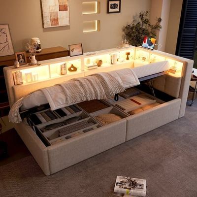 Daybed 90x200 cm, sovesofa med USB- og Type-C-porte, hydraulisk opbevaring, flere rum, flerfarvet LED-strimmel, uden madras, linned, beige