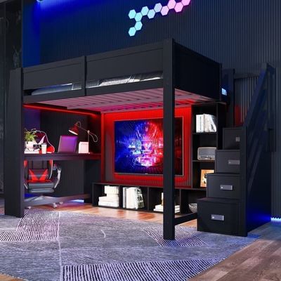 140x200 cm træ-loftseng med skrivebord, trin med opbevaring, LED-belysning, sort