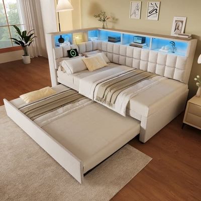 Linnedseng 90x200 med udtrækkelig seng 90x190, LED, Bluetooth-højttaler, USB/Type-C og L-formet sengegavl i beige uden madras