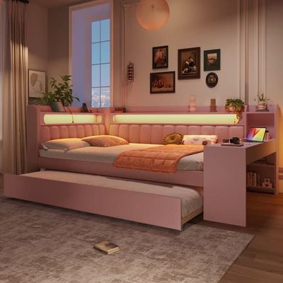 Polstret dagseng 140x200 cm med udtlækkelig seng, skrivebord, LED-belysning og USB, lyserød