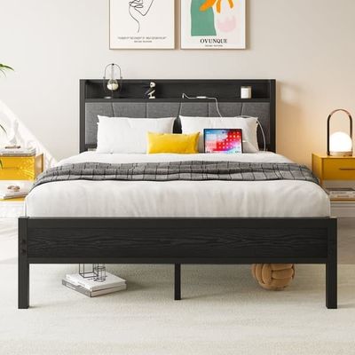 120x200 cm sengeramme med LED-belysning, USB-ladestation til hovedgavlen, stærke metalrammer, støjfri, nem samling, ingen boxspring nødvendig