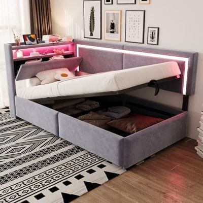 Polstret bed 90 x 200 cm med LED og USB, åbenbart sengegærde, hydraulisk opbevaring, lysegrå fløjl