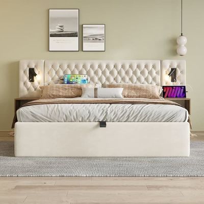 Sengesæt med dobbeltseng 160x200 cm, hydraulisk opbevaring, 2 natborde, sengegavl med læselampe og USB, fløjlsbeige (uden madras)