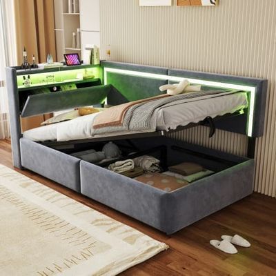 Polstret bed 90 x 200 cm med LED og USB, åbenbart sengegærde, hydraulisk opbevaring, mørkegrå fløjl