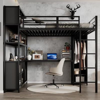 Højseng i metal 140x200 cm, sort seng med skrivebord, garderobe og ekstra opbevaring under sengen – pladsbesparende møbler
