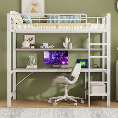 Hems 90x200 cm - med faldsikring - med stige - med USB og stikkontakt - med LED-lampe - med skrivebord + hylder i flere niveauer - hvid (uden madras)