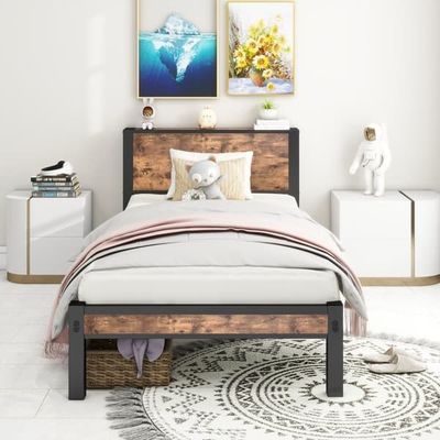 Brun metall-säng 90x200 cm – vintage huvudgavel med förvaringsutrymme, robust metallram, tyst och utan behov av resårbotten