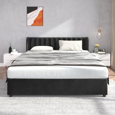 Polsterbed 180x200 cm, sammet med lattenrost, ryggstöd, 2 lådor, svart
