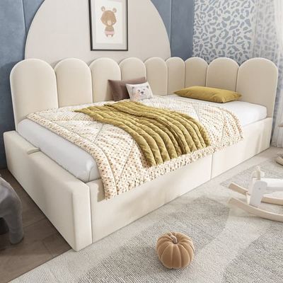 Bäddpall med förvaringsutrymme - sammetstyg - 90x190 cm - med spjälstomme - beige