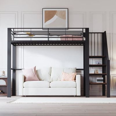 Højdeseng 90x200 cm stabilt metalstel med stor opbevaring under sengen og trappen, ideel til børn og voksne, pladsbesparende opbevaring