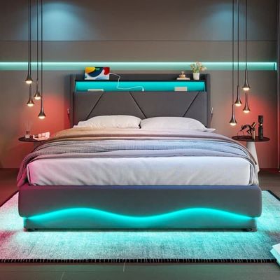 Dobbeltseng 160x200 i velour – Seng med LED-belysning, USB-stik, opbevaring og hylder i sengegavl, hævebar gasfjederbund, sidelommer