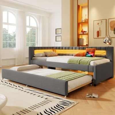 Dagseng 90x200 cm i linned med udtrækkelig seng, LED-lys, USB & Type-C, sovesofa uden madras, grå