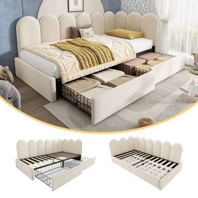 Polstret enkeltseng 90x200 cm med skuffer og lameller, fløjls-dagsseng/sovesofa til børn, teenagere og voksne, beige