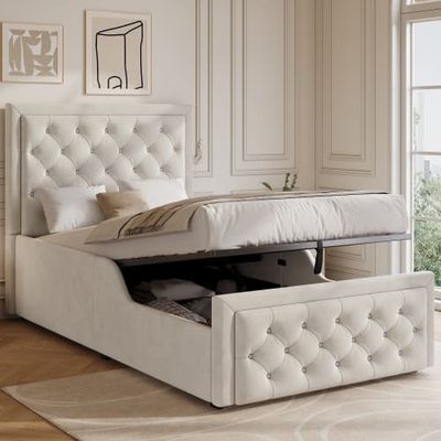 Polstret enkeltseng 90x200 cm med hydraulisk opbevaring, bed med lamellerbund og stor opbevaringsplads, fløjl, beige, polstret hovedgærde