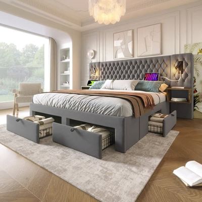 Bäddset Sovrum Komplett Set, Polstersäng Dubbelbett 160×200 cm med 2 Sängbord & 4 Lådor, Sänggavel med Läsbelysning & USB, Grå Sammet (utan madrass)