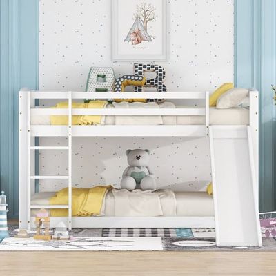 Køjeseng til børn og teenagere 90x200 cm med rutsjebane, robust træstel, nem at samle, hvid
