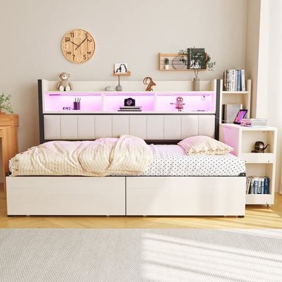 Metal daybed 90x200 i hvid med opbevaring, aflåselige rum, multifunktionelle stikkontakter, LED-belysning, store skuffer og udtræksbord