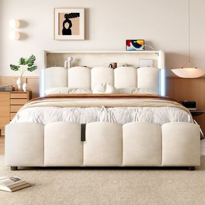 Polstret seng 140x200 cm i beige velour med LED-belysning, hydraulisk opbevaring, sengegavl med rum og USB- og Type-C-porte, uden madras