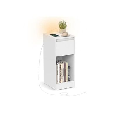 Sängbord med LED-belysning och USB-portar - Cloud White