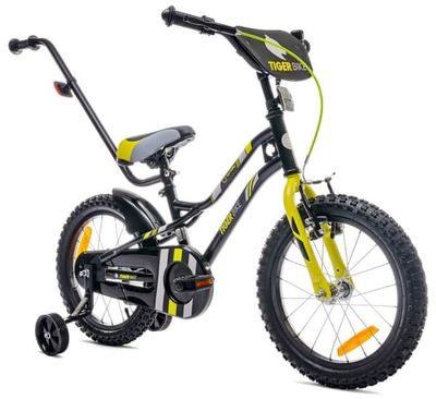 sun baby TIGER BIKE Barncykel 16 tum - växlar Shimano - Justerbar sadel och styre, Klocka, Stödhjul - Svart Gul Grå