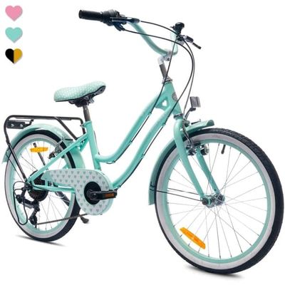 sun baby HEART BIKE Barncykel 20 tum - 6 växlar, V-bromsar, pakethållare, stänkskärmar, justerbar styre och sadel - Mint
