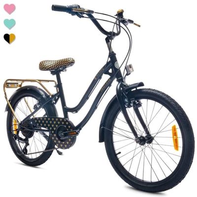 sun baby HEART BIKE Barncykel 20 tum - 6 växlar, V-bromsar, pakethållare, stänkskärmar, justerbar styre och sadel - Svart Guld