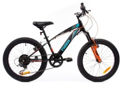 sun baby TIGER BIKE Barncykel 20 tum - 6 växlar Shimano - Justerbar sadel och styre, V-broms, Kedjeskydd - Svart Turkos Grå Orange