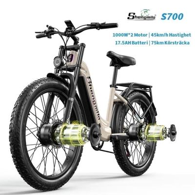 Shengmilo S700 1000W*2 & 17,5AH elcykel för vuxna, 45 km/h och 75 km räckvidd, 26*3,0 tjocka däck, dubbla motorer