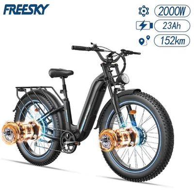FREESKY M540 elcykel 150 km räckvidd, hastighet 50 km/h, 2000W motor, 23 AH batteri, 26*4,0 tums feta däck, hydraulisk skivbroms -svart