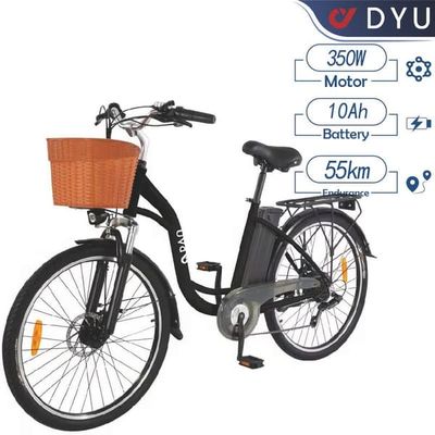 DYU C6 elektrisk stadscykel, motor 350W, batteri 36V 10Ah, räckvidd 55 km, maxhastighet 25 km/h, med korg och bakre rack -svart