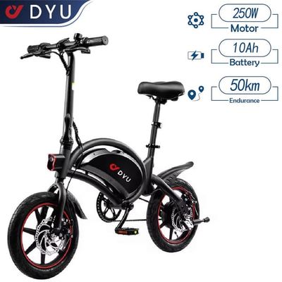 DYU D3F 2026 Ny elcykel, räckvidd 55 km, 14 tums däck, 250W motor, 36V 10AH batteri, svart