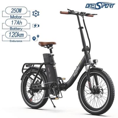 ONESPORT OT16-2 elcykel, 250W motor 25km/h maxhastighet, 48V 17Ah batteri, 20" däck, mekaniska skivbromsar -svart
