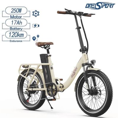 ONESPORT OT16-2 elcykel, 250W motor 48V 17Ah batteri, 20" däck, 25km/h maxhastighet, mekaniska skivbromsar -vit