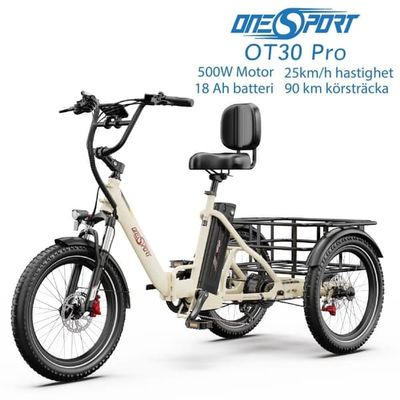 ONESPORT OT30 Pro 500W, 25 km/h, 18 Ah avtagbart batteri, 20 x 3,0-tums däck, hydrauliska skivbromsar, hopfällbar elektrisk trehjuling vit