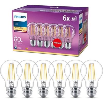 Philips, paket med 6 glödlampor E27 transparenta lysdioder 60W, varm vit