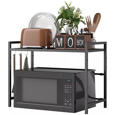 HOMCOM Utökningsbar mikrovågsugnsställ med 3 krokar - Metall, Svart