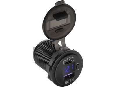 PeiYing lader USB + USB Type C billader med Quick Charge funksjon, strømforsyning og spenningsmåler 48W