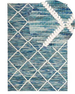 Blåt Uldtæppe 140 x 200 cm Geometrisk Mønster Håndvævet Boho Stil