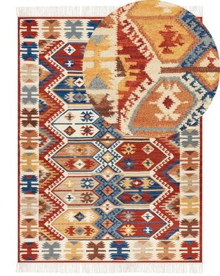 Gulvteppe Teppe Ull Flerfarget 160 x 230 cm Håndvevd Kelim Flatvevd Orientalsk mønster med dusker Tradisjonell Stue Soverom
