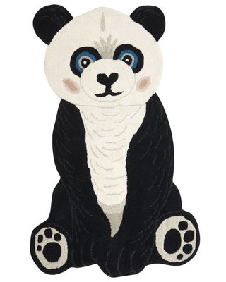 Børnetæppe i sort og hvid uld 100 x 160 cm bomuldsryg håndlavet til børneværelset dyremotiv i panda