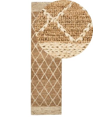 Tæppeløber Beige Jute 80 x 300 cm Fladvævet Løs Gulvløber til Entre Tæppe Mønstret Håndvævet Flettet Lang Gulvtæppe til Gang Tilbehør