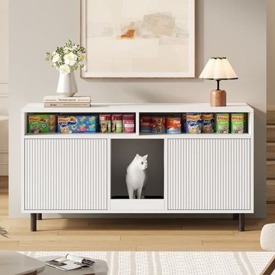 Kattlådeskåp med sandfångmatta, husdjursvänligt skåp med förvaring, sideboard/TV-bänk för kattlåda, vit, 120×50×66 cm