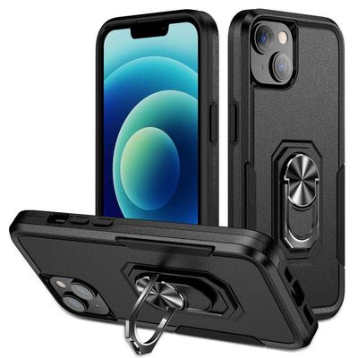iPhone 14 Stødsikker TPU + PC Kickstand Telefonetui Bilmonteret Metalplade - Sort