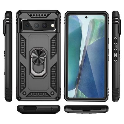 Google Pixel 7 Pro iskunkestävä TPU+PC Kickstand -puhelinkotelo autoteline metallilevy - musta